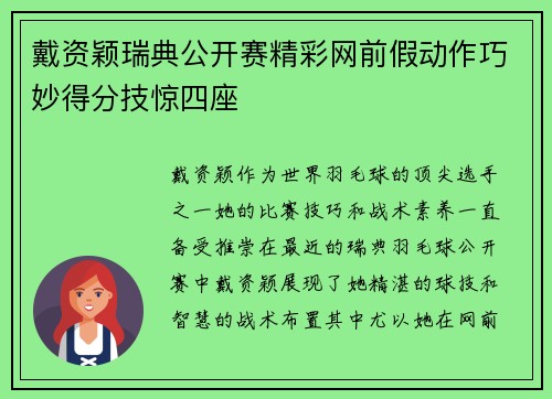 戴资颖瑞典公开赛精彩网前假动作巧妙得分技惊四座