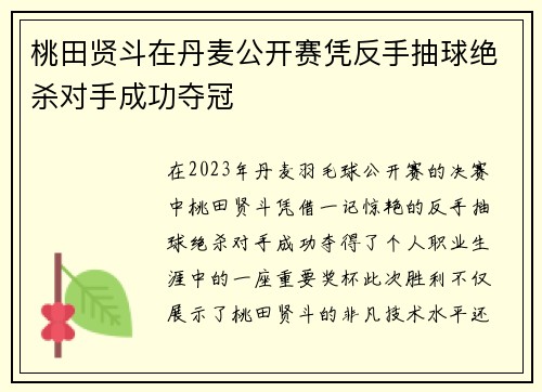 桃田贤斗在丹麦公开赛凭反手抽球绝杀对手成功夺冠