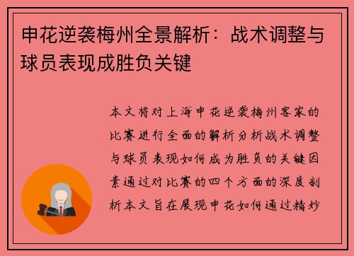 申花逆袭梅州全景解析：战术调整与球员表现成胜负关键