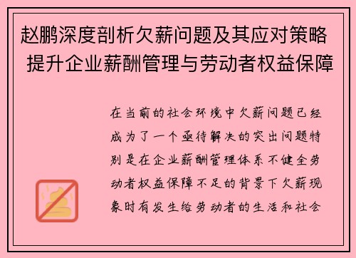 赵鹏深度剖析欠薪问题及其应对策略 提升企业薪酬管理与劳动者权益保障